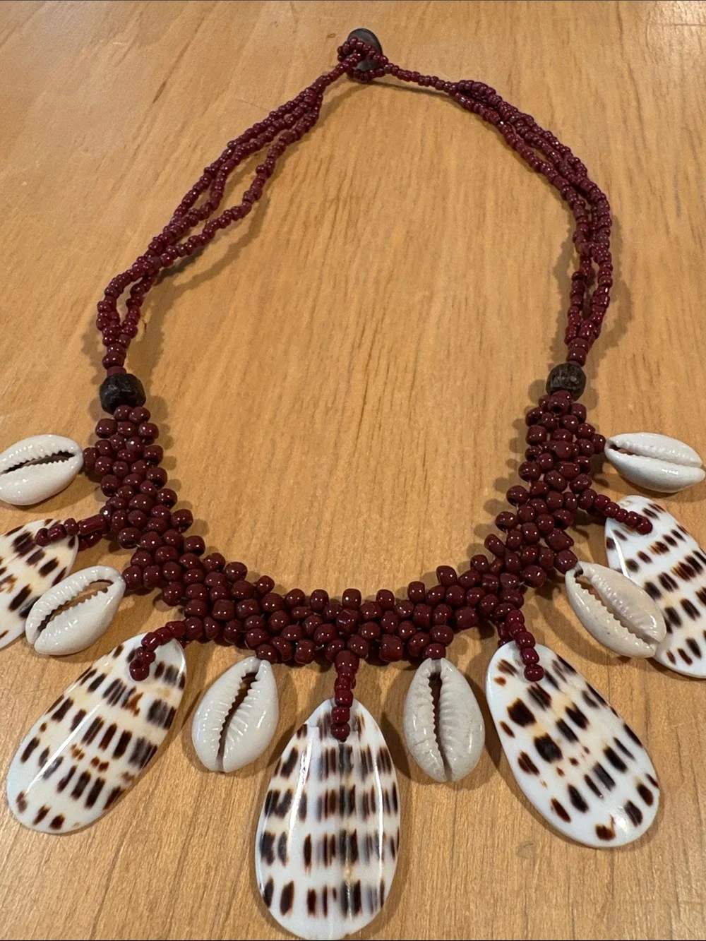 Source Unknown Maroon Beaded Shell & Cowrie Necklace
